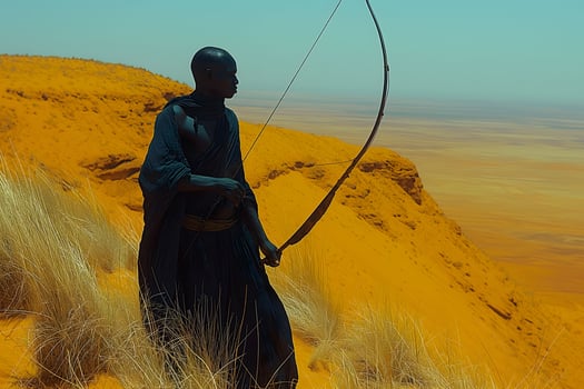 Skilled African Archer, Holding His Bow and Arrows in Beautiful Desert Scenery. African Hunter photo