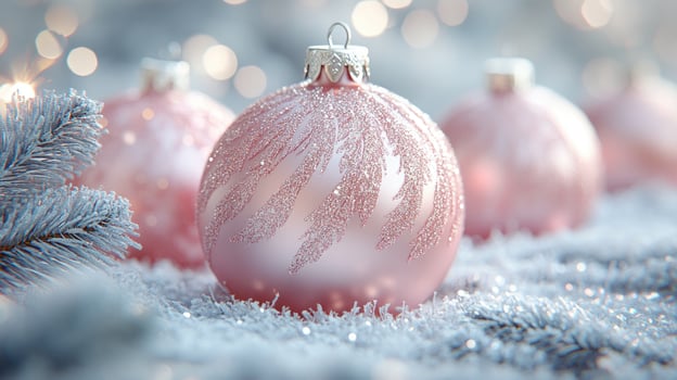 Luxurious pink and white Christmas baubles in snow photo