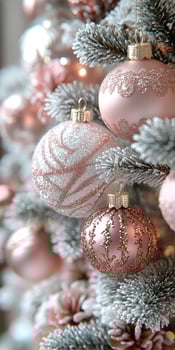 Luxurious pink and white Christmas baubles in snow photo