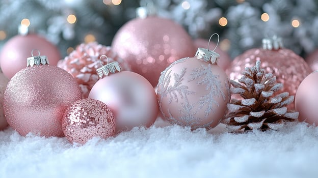 Pink christmas ornaments with glitter sparkling on snow photo