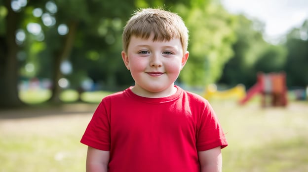 Young British Boy Enjoying Summertime Outdoors, Happy Chubby Child in Red Tshirt Posing, Fun Outdoor Park Scene, Perfect for Family Album, Magazine Cover photo
