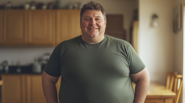 Middleaged British Man in Casual Green Shirt Posing in Cozy Kitchen Interior photo