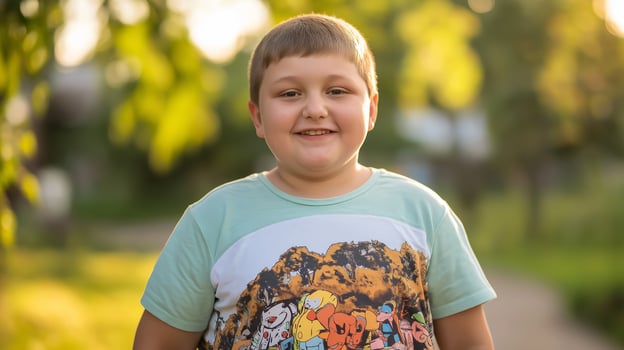 Joyful Young Boy Smiling Outdoors in Green Park, Casual Clothing, Diverse Cultural Background, Summer, Natural Light, Children, Outdoors photo