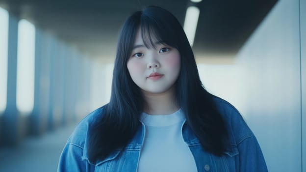 Portrait of a Korean Teenage Girl in a Denim Jacket, Urban Background, Stock Photography for Diversity and Representation photo