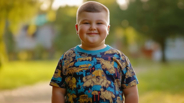 Joyful Young Boy in Vibrant Printed Shirt Outdoors in Sunny Park Setting photo