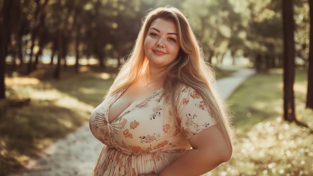 Young Eastern European Woman in a Summer Dress in a Sunny Park, Outdoor Portrait for Design and Posters photo