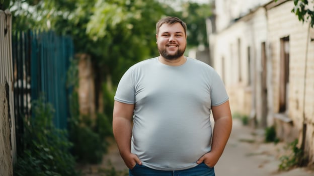 Smiling Young Russian Man Standing Outdoors in Urban Street, Summer Happiness, Diverse Portrait Photography photo