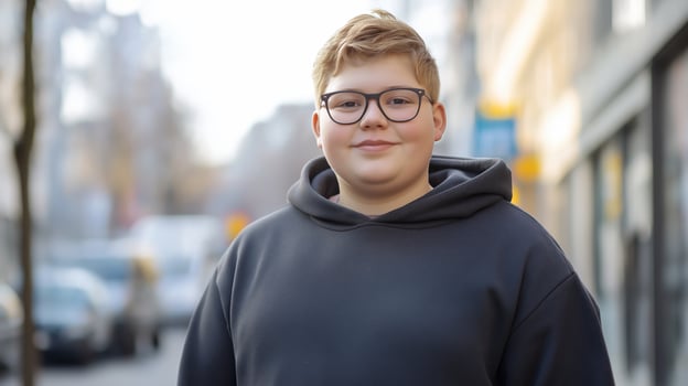 Teenage Boy with Glasses, Smiling, Wearing a Hoodie, Urban Background, German Youth, Winter Afternoon, Stock Photo for Diversity and Inclusion