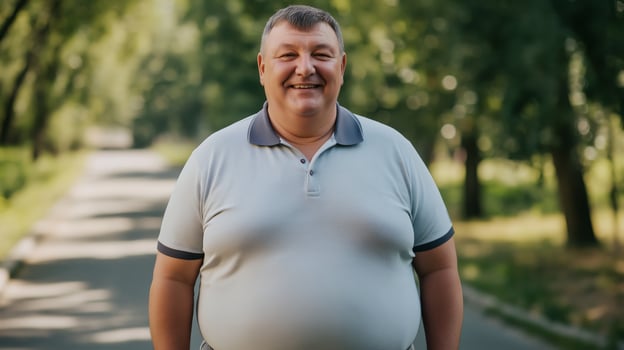 MiddleAged Man Outdoors, Cheerfully Smiling in Sunlit Park, Casual Wear, Positive Vibes photo