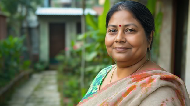 Smiling MiddleAged Bangladeshi Woman in Traditional Saree, Natural Garden Setting, Perfect for Cultural Diversity Projects photo