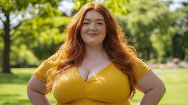 Confident Plus Size British Woman in Nature Wearing a Yellow Dress, Smiling in Sunlit Park, Promoting Body Positivity and Inclusion photo