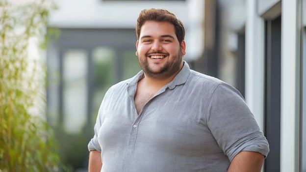 Cheerful Smiling Overweight Young French Man Posing Outdoors, Urban Background, Casual Attire photo
