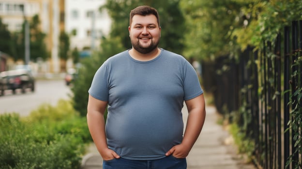 Young Smiling Man in Casual Clothing Strolling Through Urban Greenery in a City Park Diverse and Vibrant Urban Scenes for Print or Poster photo