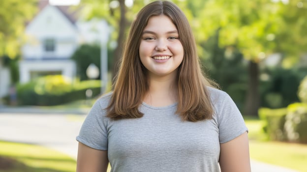Happy Overweight Teenage Girl with Long Brown Hair Smiling Outdoors in a Residential Neighborhood photo