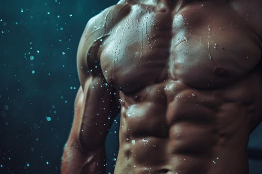 Athletic man with muscular physique posing under water drops photo