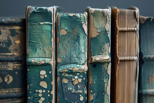 Old books with damaged green covers standing on bookshelf photo