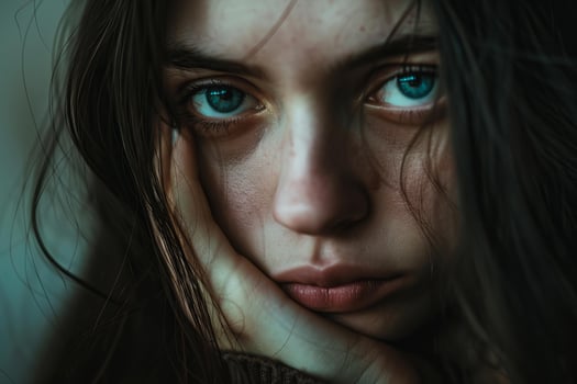 Young woman with blue eyes suffering from depression photo
