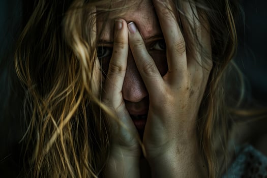 Young woman hiding face expressing sadness and fear photo
