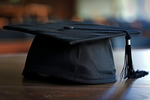 Graduation cap sitting on tabletop representing new beginnings photo