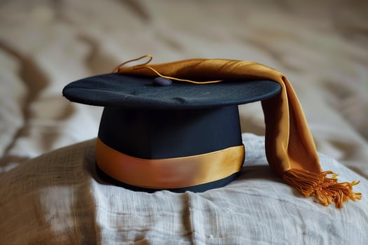 Graduation cap and gown resting on chair after ceremony photo