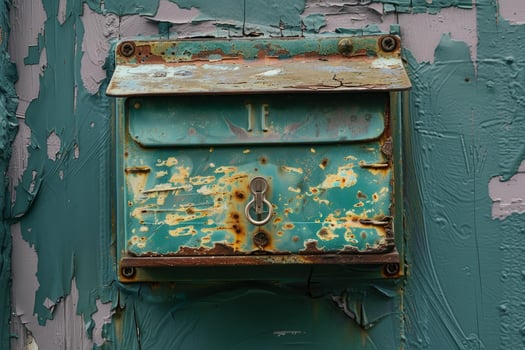 Old rusty mailbox hanging on peeling paint wall photo