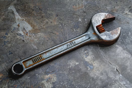 Old adjustable wrench lying on grunge concrete surface photo