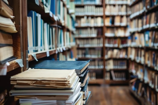Stack of old books resting on shelf in the library photo