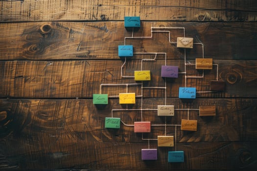 Colorful flow chart showing business project management on rustic wood photo
