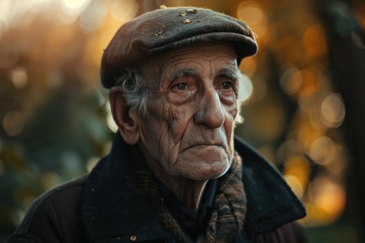 Senior farmer wearing flat cap looking worried in autumn photo