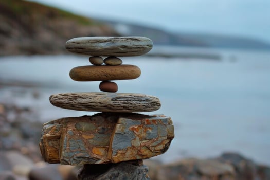 Stack of zen stones balancing on the coast in front of the ocean photo