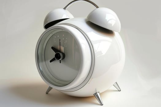 White alarm clock standing on white background telling time photo