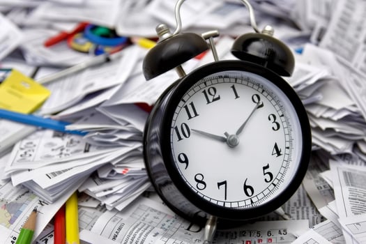 Alarm clock ticking showing deadline approaching on desk of accountant photo