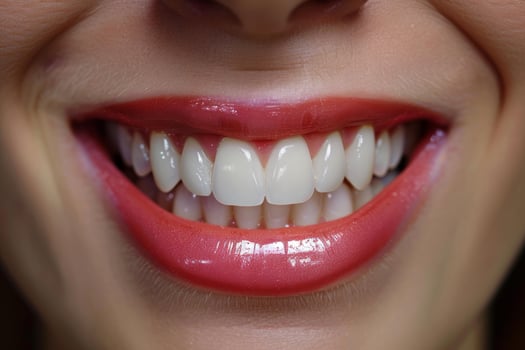 Woman smiling showing healthy white teeth and red lipstick photo