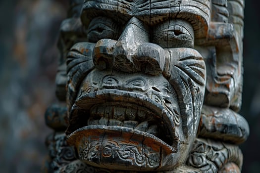 Maori carving showing traditional tiki face with tongue out photo