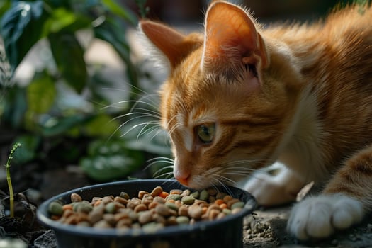 Ginger and white kitten eating dry food from black bowl photo