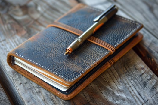 Distressed leather notebook and pen resting on rustic wood desk photo