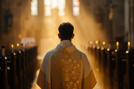 Priest at altar in sunlit church photo