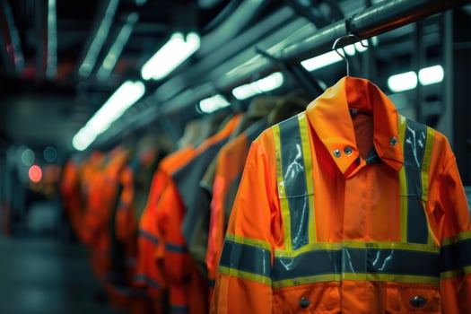 Row of high visibility orange workwear hanging in locker room photo