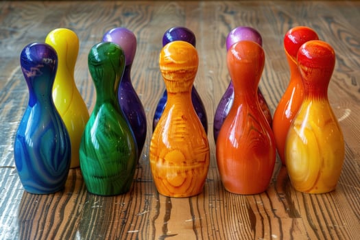 Colorful bowling pins standing on rustic wooden table photo
