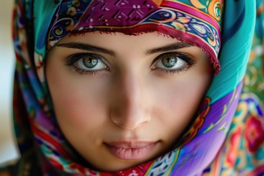 Young woman wearing a colorful hijab staring with big green eyes photo