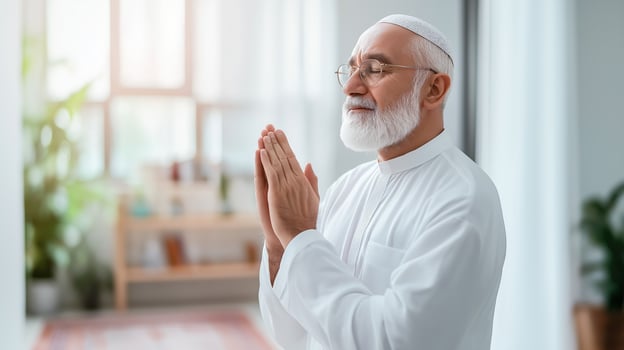 Mature Man in Traditional Clothing Praying Indoors with Natural Light and Peaceful Ambience Cultural and Religious Diversity photo