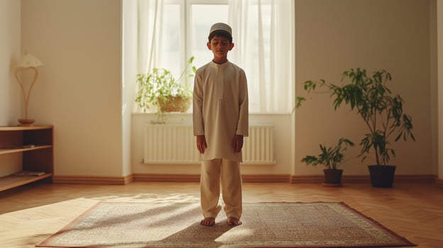 Young Boy in Traditional Islamic Attire Praying Indoors, Peaceful Ambiance, Natural Light, Diversity Representation, Cultural Significance photo