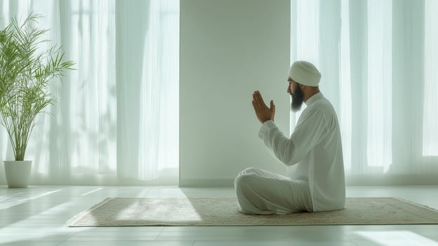 MiddleAged Man in Traditional Clothing Kneeling in Prayer on a Rug, Peaceful and Spiritual Atmosphere photo
