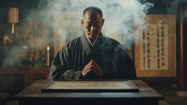 Meditative Confucian Man in Traditional Robe with Smoke in Tranquil Temple Setting for Cultural Poster Design photo