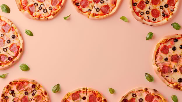 Pizza mini meal flat dought bread with sausage, mint and mozarella copy space pink background photo