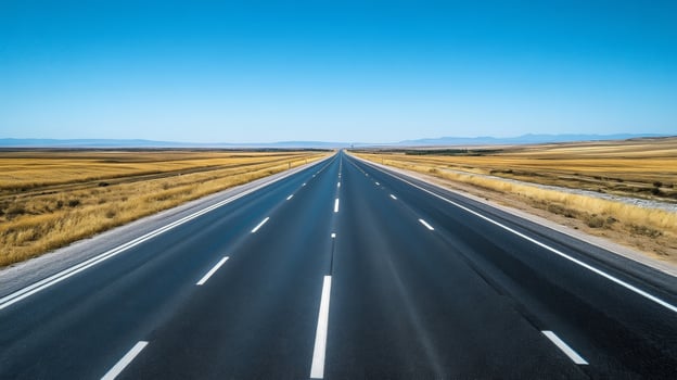 A wide-angle shot of an empty highway stretching into the horizon under a clear blue sky photo
