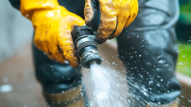 A plumber urgently repairs a burst pipe, with water spraying out photo