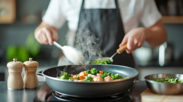 Chef cooking vegetables in a pan, steam rising, kitchen setting. photo