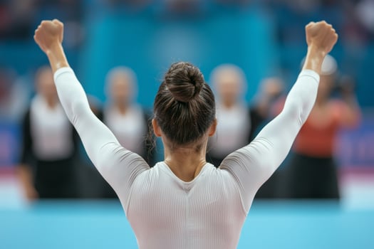 Athlete celebrating victory with raised arms in a sports arena. photo
