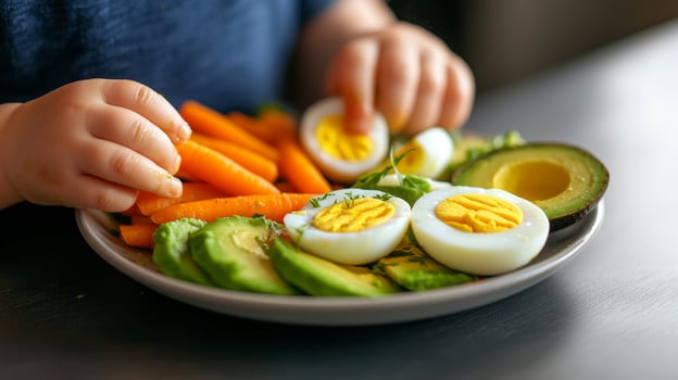 Child's hands reaching for a colorful plate of fresh vegetables and eggs. photo